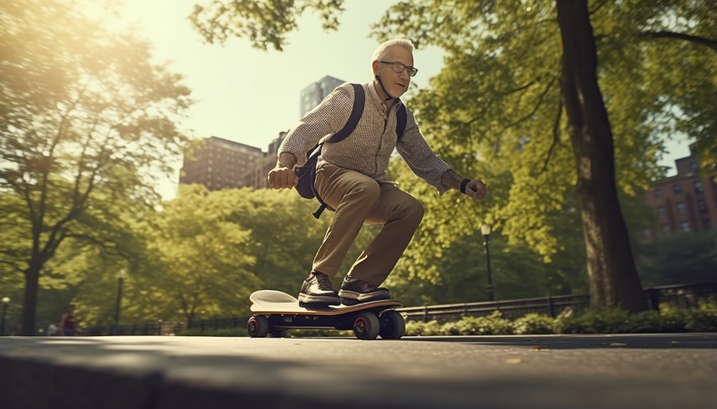 A senior man confidently riding his electric skateboard in a park - New York, USA