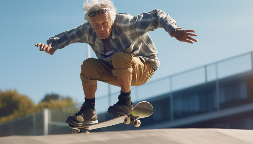 A senior man with a wrist guard, demonstrating how to fall properly while skateboarding - Sydney, Australia