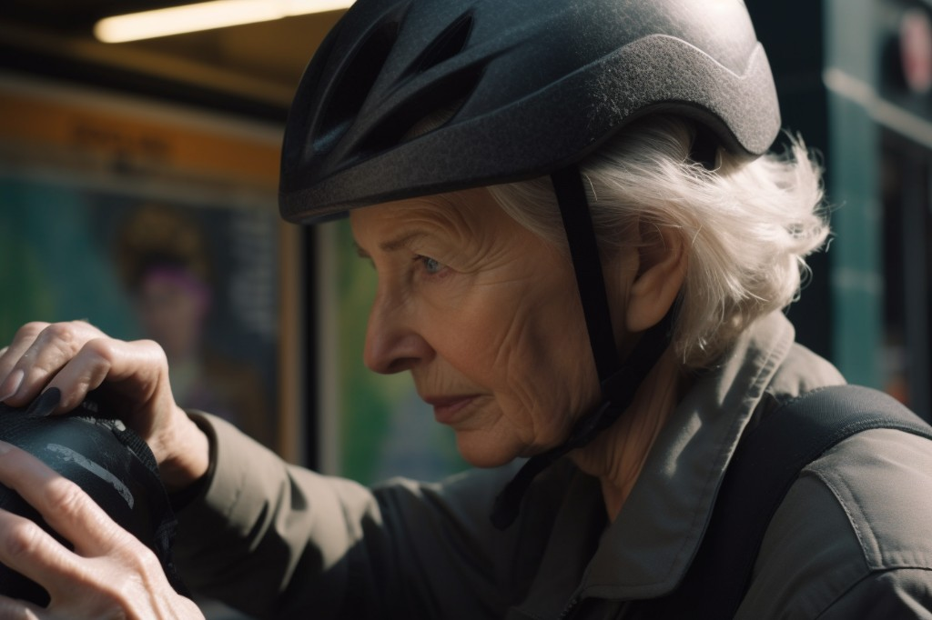 A senior woman checking the fit of her bicycle helmet before skateboarding - London, United Kingdom