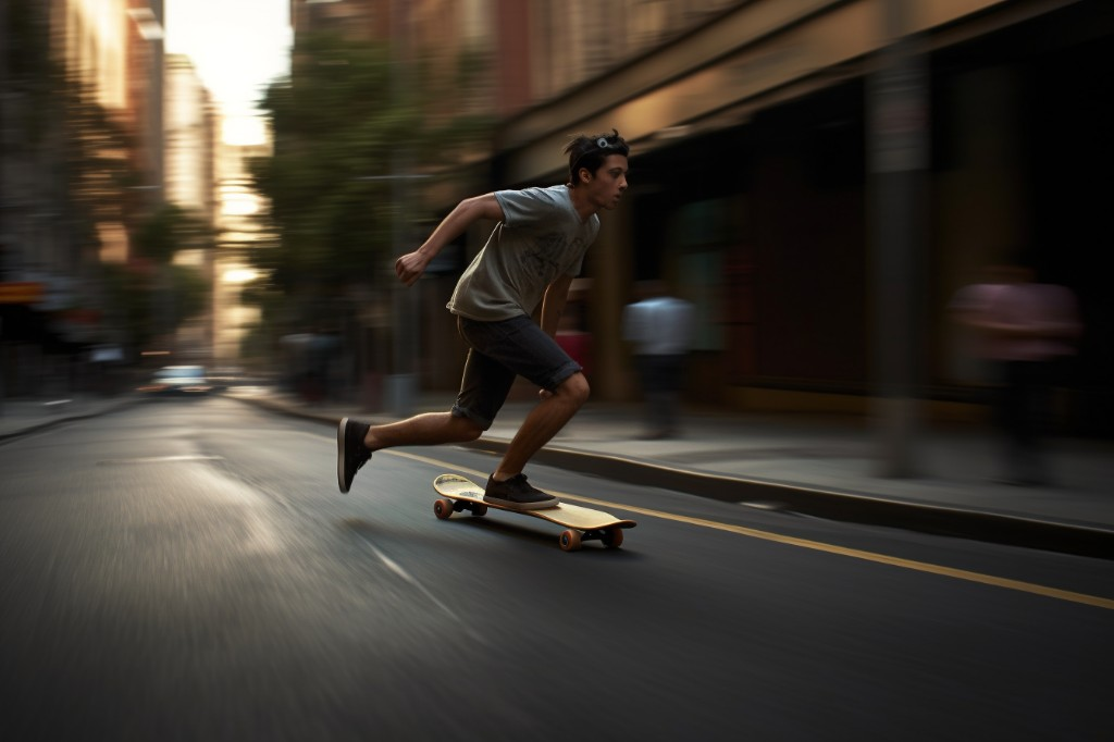 A skateboarder cruising at high speeds on a city street - Sydney, Australia