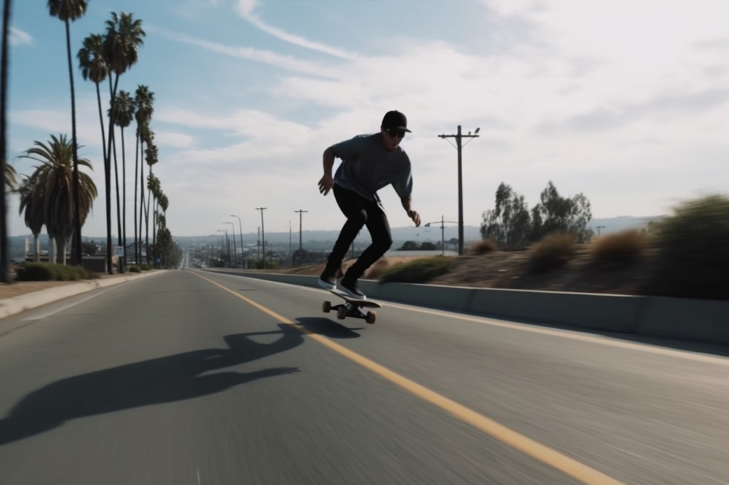 A skateboarder performing a power slide maneuver on an electric skateboard - Los Angeles, USA