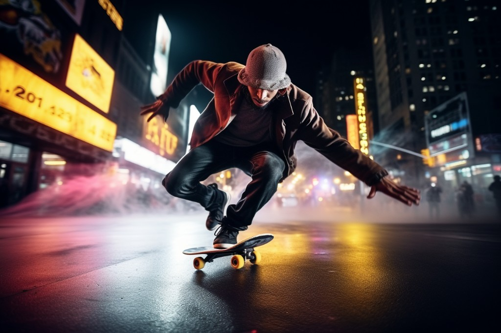 A skateboarder performing tricks at night - New York, USA