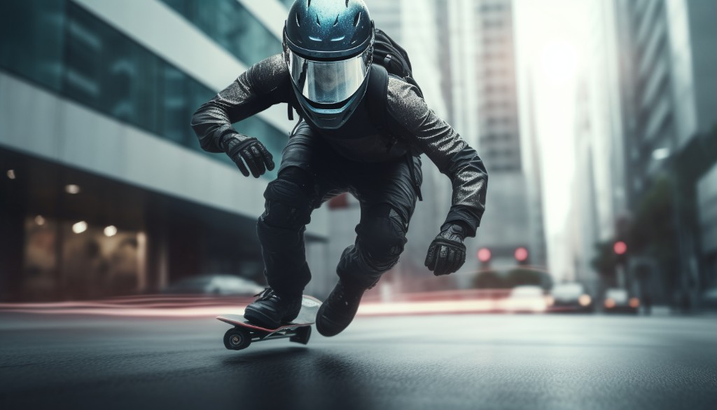 A skateboarder wearing protective gear including helmet and knee and elbow pads - London, UK