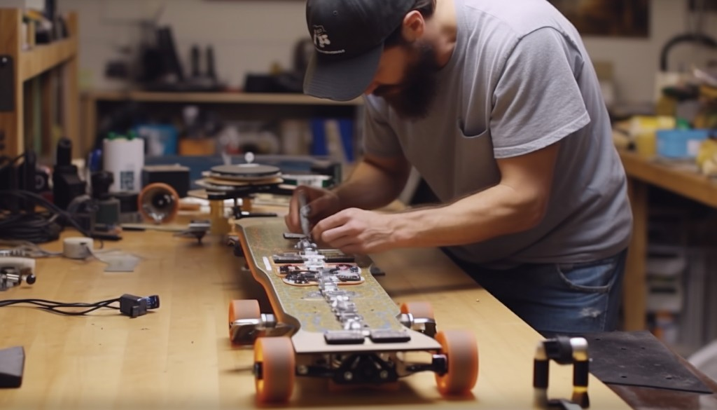 A step-by-step process of assembling an electric skateboard - Los Angeles, USA