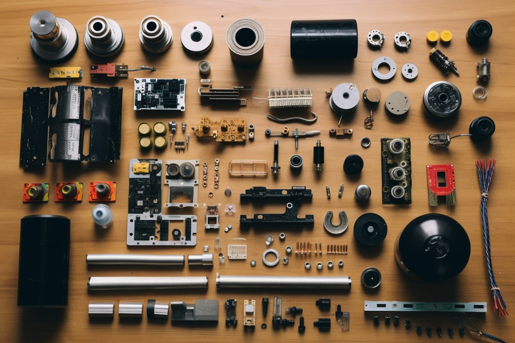 A table full of components for building an electric skateboard battery - London, UK