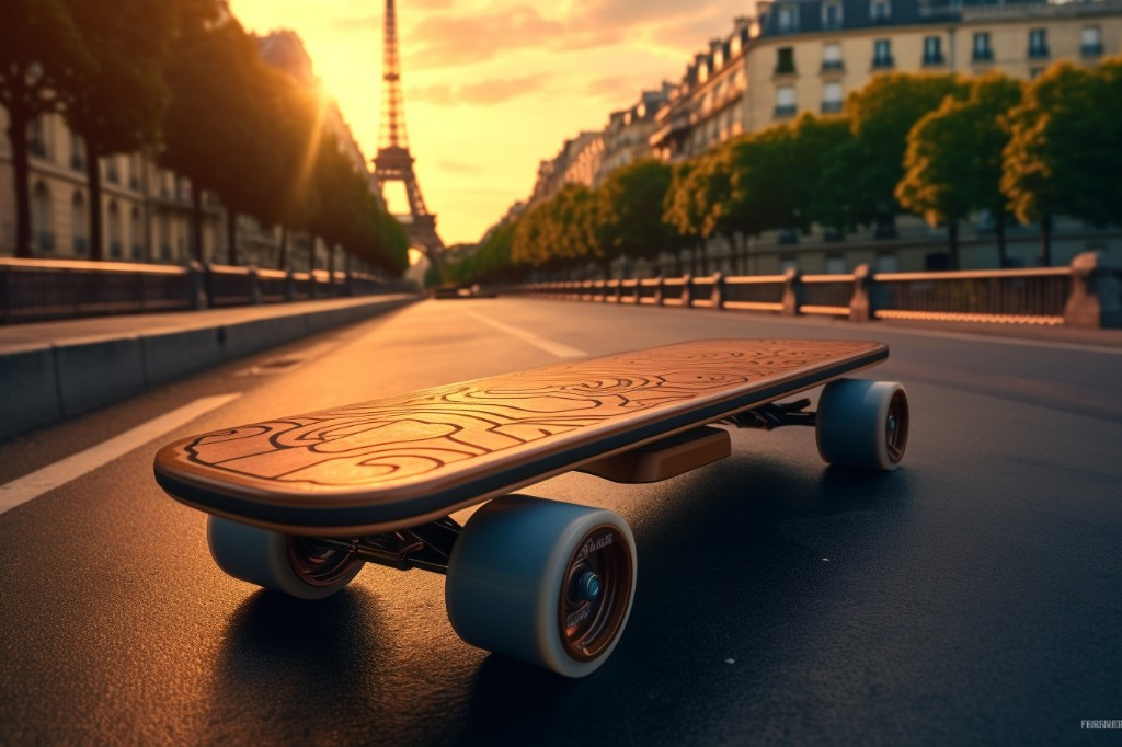 A technologically advanced electric skateboard showcasing its battery - Paris, France