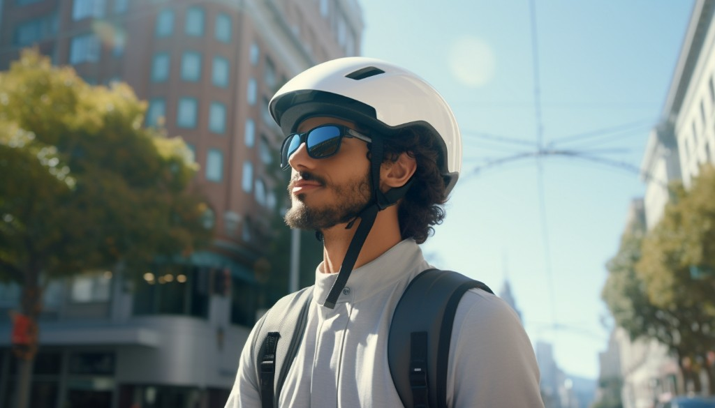 A thoughtful electric scooter rider wearing a helmet - San Francisco, USA