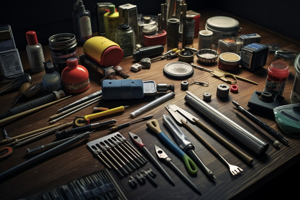 A variety of cleaning tools laid out on a table - New York, USA