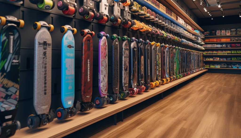 A variety of electric skateboard batteries showcased in a store - London, UK