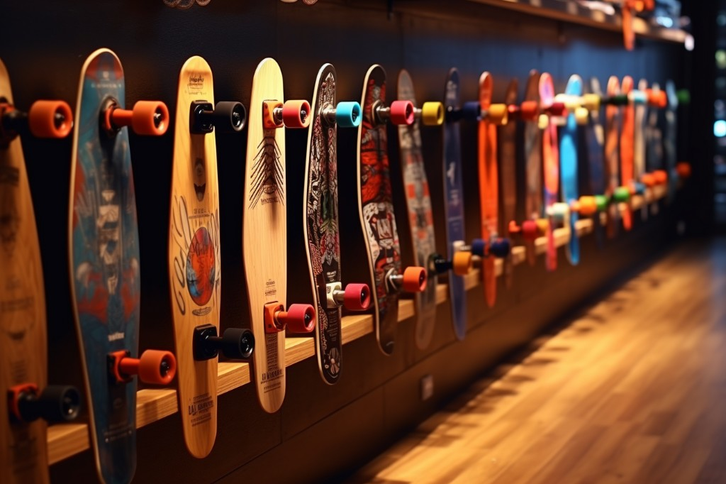 A variety of electric skateboards displayed in a skateboard shop - Los Angeles, USA