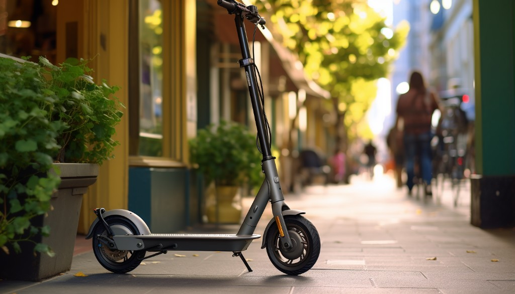 A well-maintained electric scooter parked by a sidewalk - San Francisco, USA