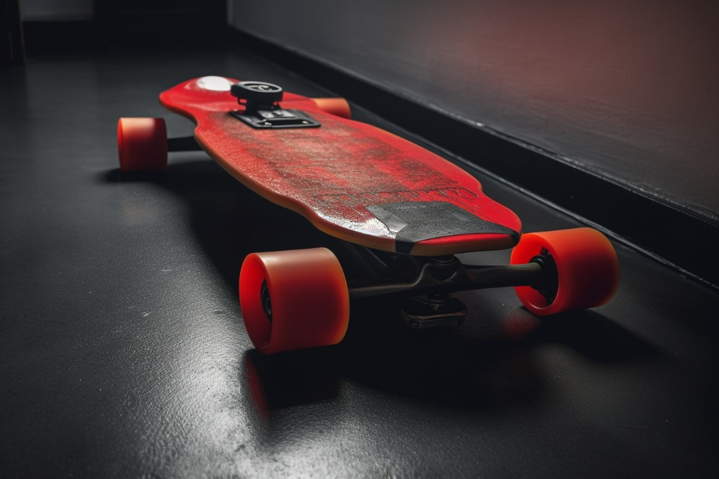 A well-maintained electric skateboard stored in a garage - London, UK