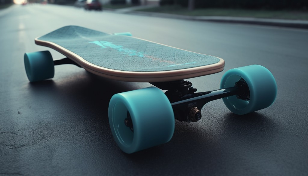 A well-maintained electric skateboard with clean wheels and new grip tape - London, UK