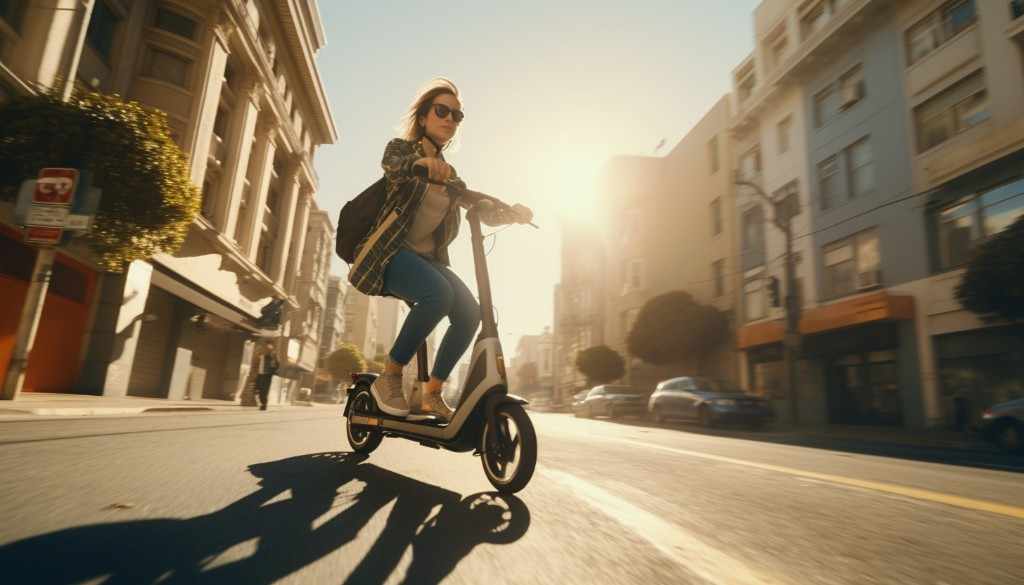 A woman riding an electric scooter uphill on a city street - San Francisco, USA