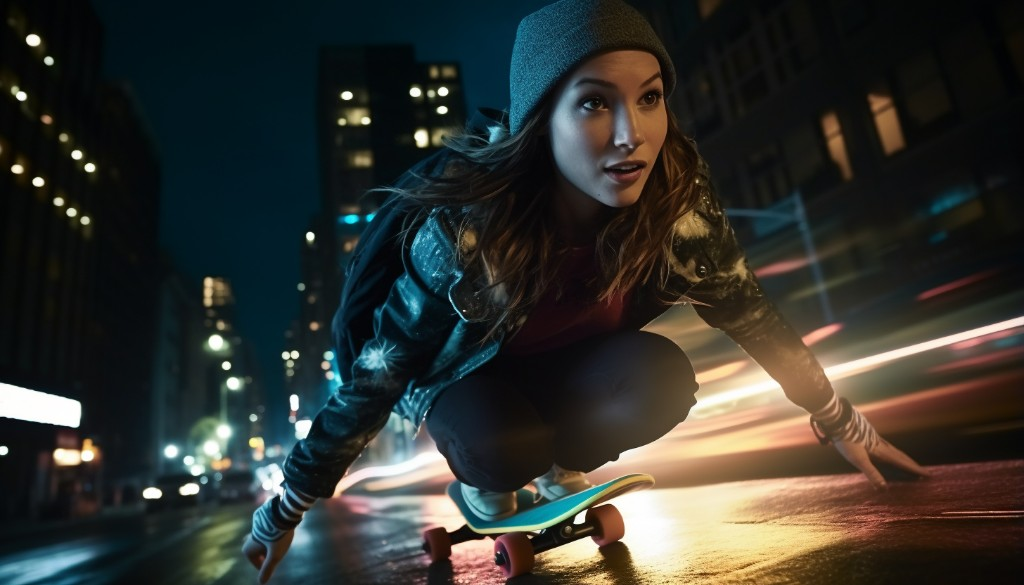 A woman using a headlamp while riding her electric skateboard at night - New York City, USA