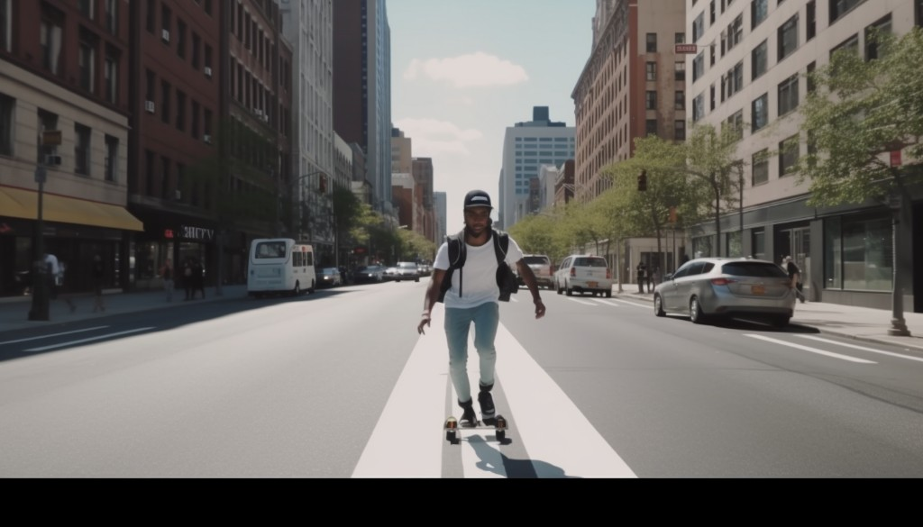A young man following traffic rules while riding his electric skateboard - New York, USA