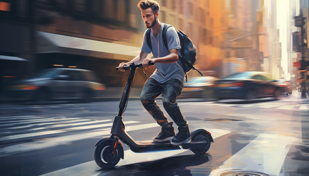 A young man riding an electric scooter on a city street - New York, USA
