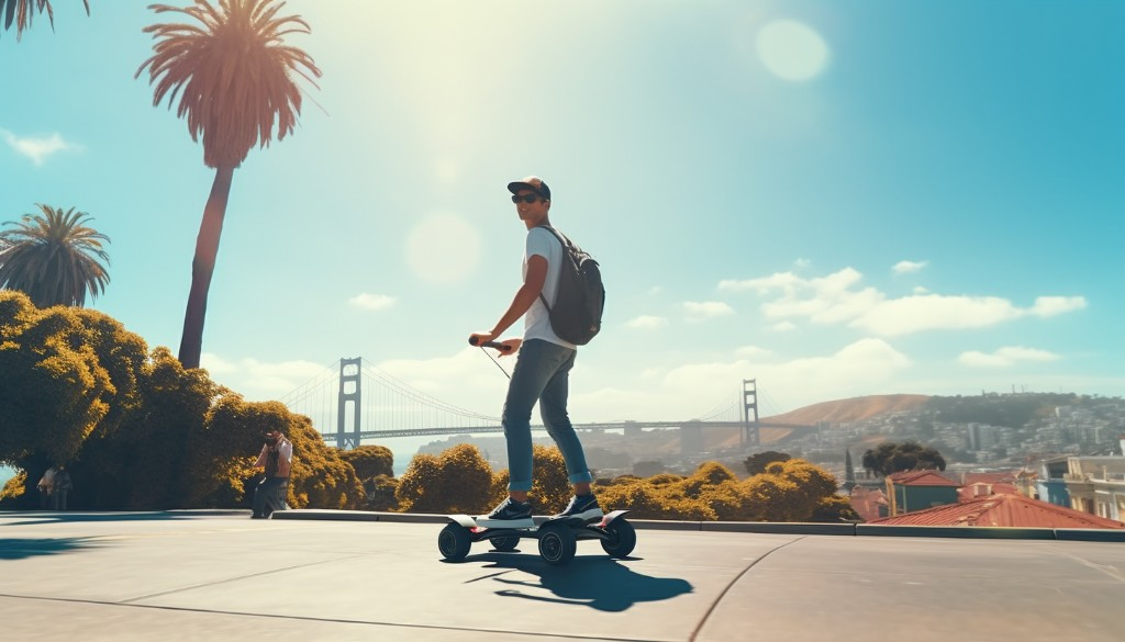 A young man trying out his new electric skateboard on a sunny day - San Francisco, USA