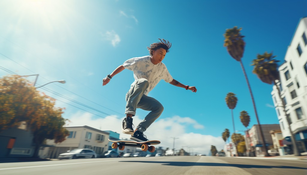 An advanced electric skateboarder performing a trick on a sunny day - San Francisco, USA