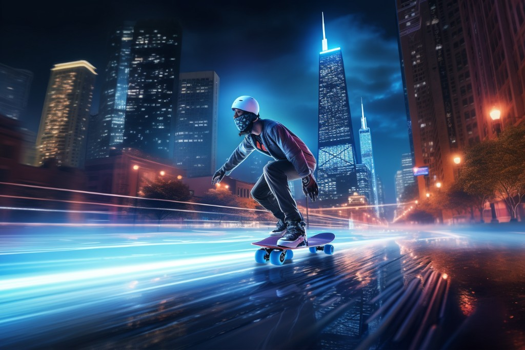 An e-skateboarder equipped with reflective gear riding on a city street at night - Chicago, USA