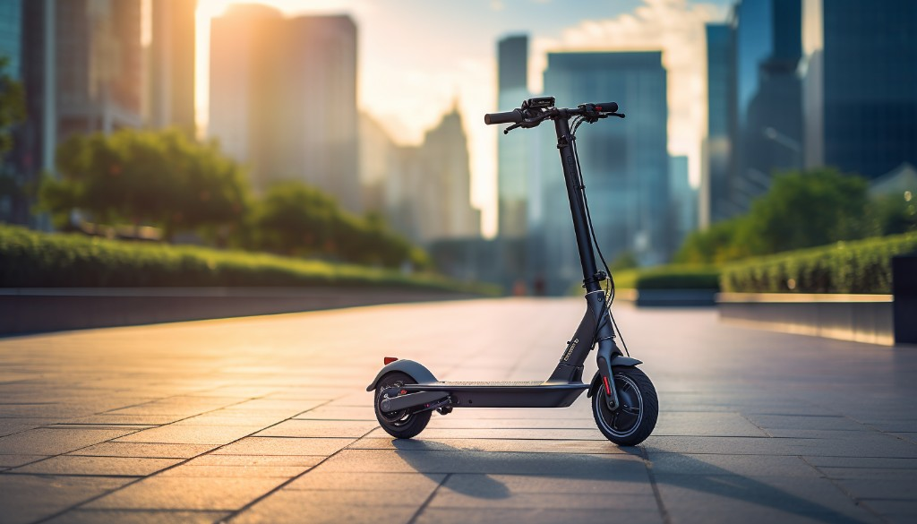 An electric scooter parked on a city sidewalk with skyscrapers in the background - Chicago, USA