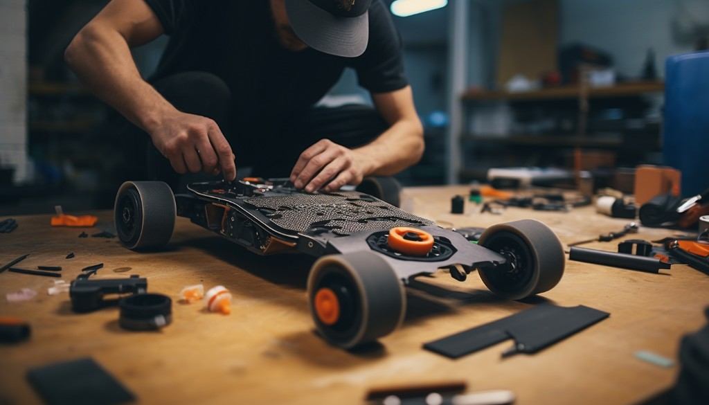 An electric skateboard being repaired in a workshop - London, UK