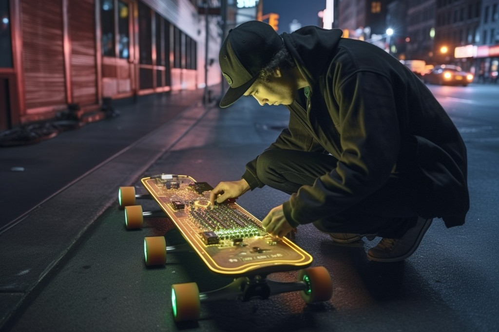 An electric skateboard enthusiast doing a routine maintenance check on his board - New York, USA