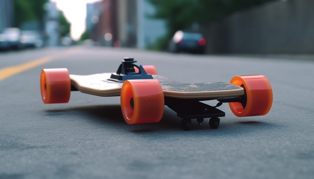 An electric skateboard in motion, depicting friction between the wheels and road surface - Toronto, Canada