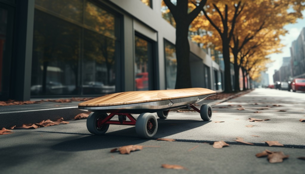 An electric skateboard parked by a bench - Toronto, Canada