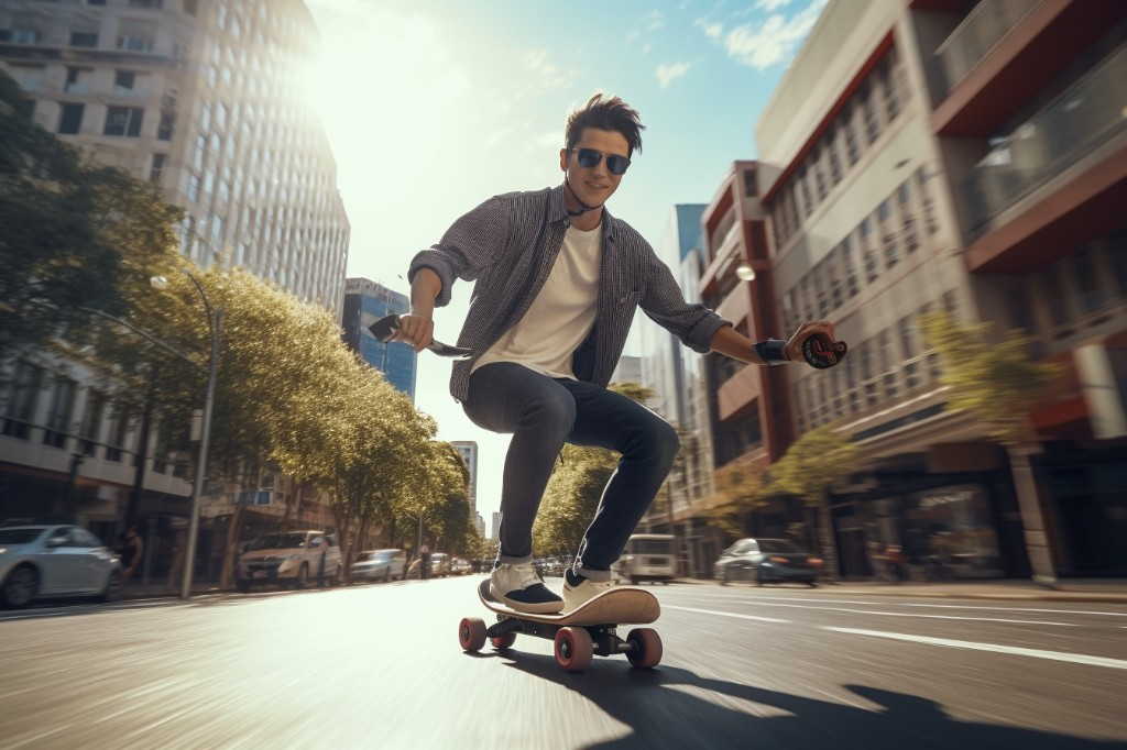 An electric skateboard rider demonstrating the regular stance - Sydney, Australia