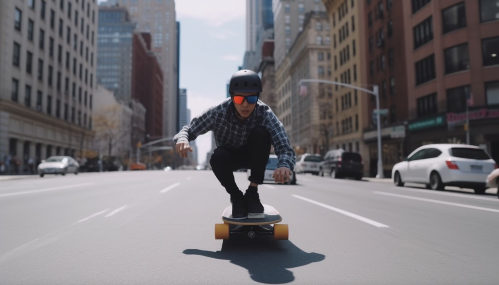 An electric skateboarder demonstrating a carving trick on a city street - New York City, USA