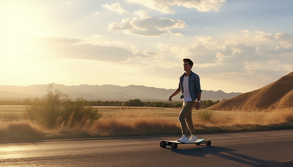 An electric skateboarder manoeuvring on a gravel road - Colorado, USA