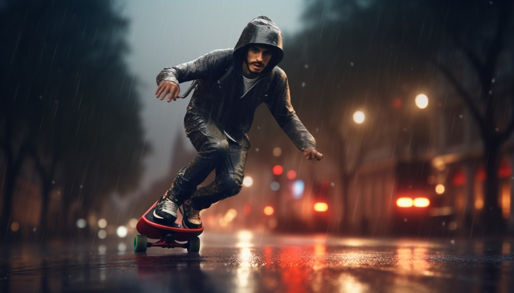 An electric skateboarder navigating wet roads during a light drizzle - London, England