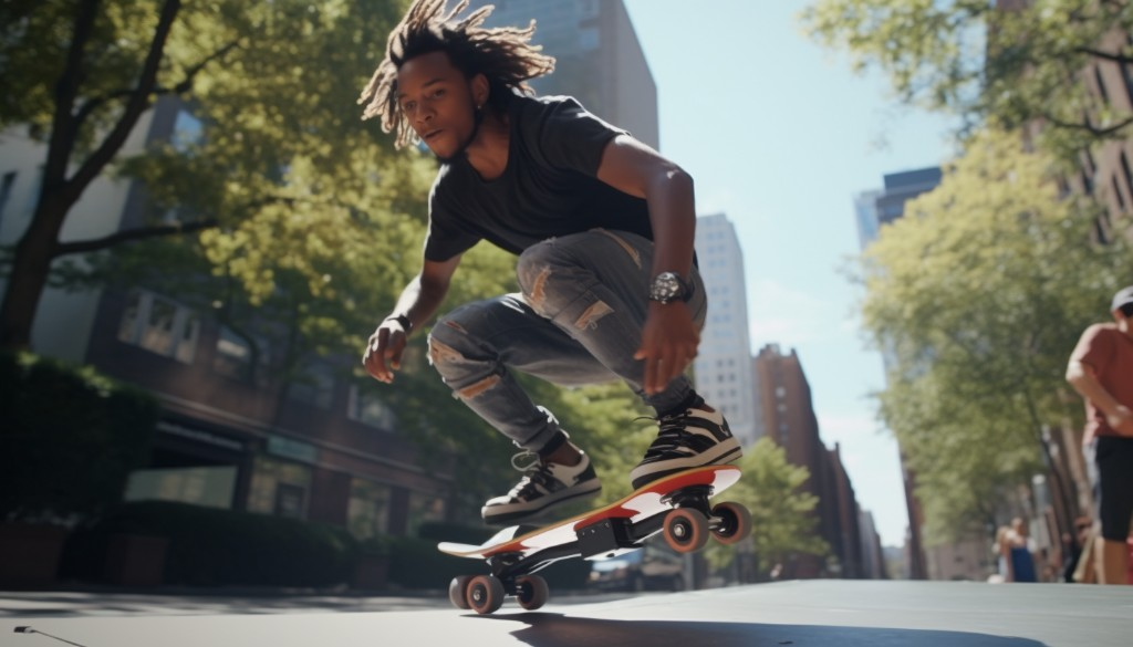 An electric skateboarder performing a stand-up slide - New York City, USA