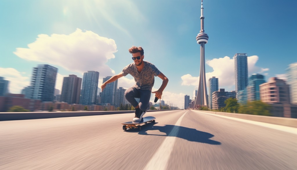 An electric skateboarder skillfully avoiding a pothole on the road - Toronto, Canada