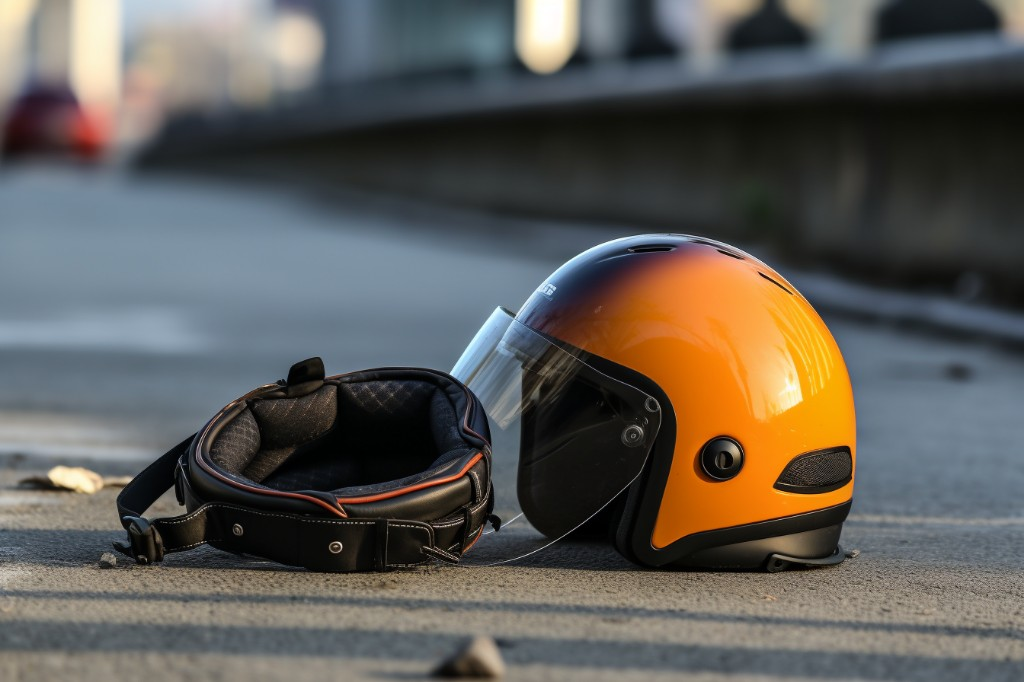 An empty helmet lying next to an electric scooter after an accident - Berlin, Germany