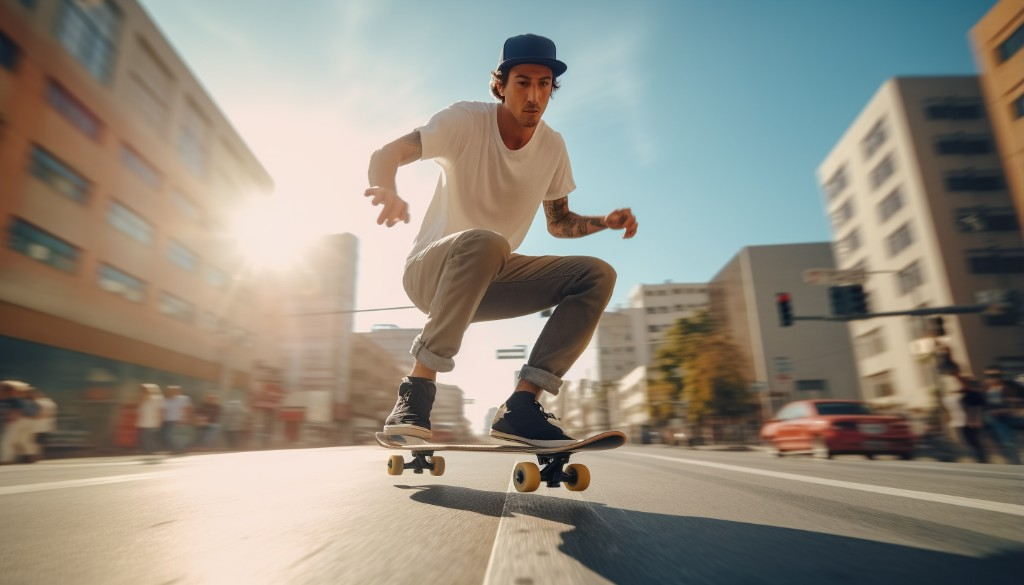 An experienced skateboarder performing advanced tricks on an electric skateboard - Los Angeles, California
