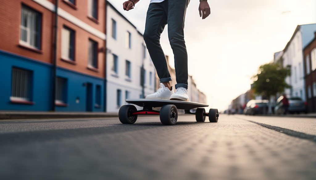 An individual conducting a thorough check-up of their electric skateboard - London, UK