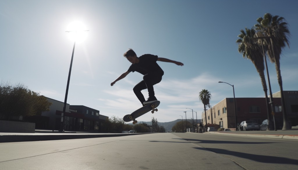 An intermediate skateboarder performing a kickflip - Los Angeles, USA