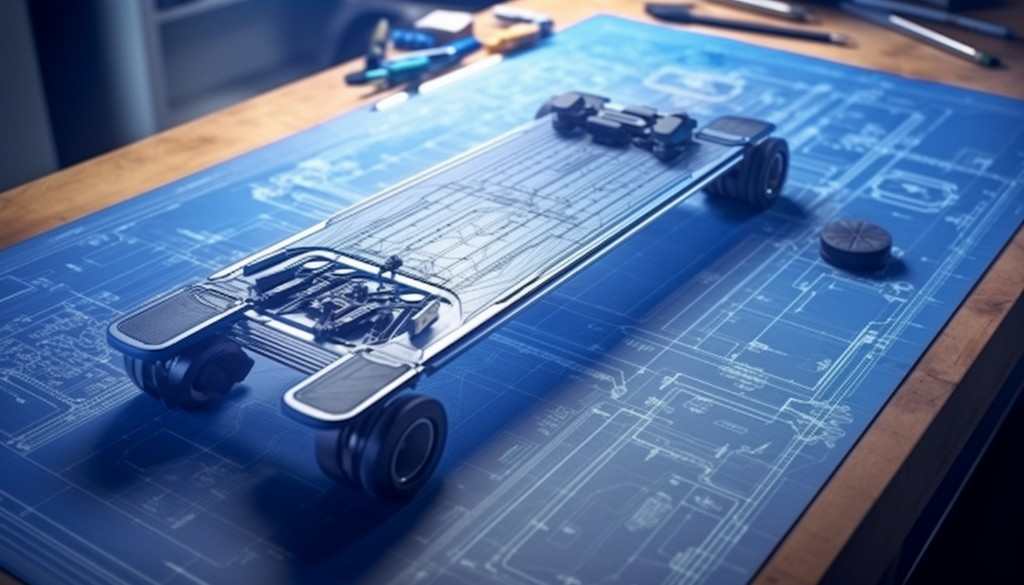 Blueprint of an electric skateboard on a drafting table - Los Angeles, USA