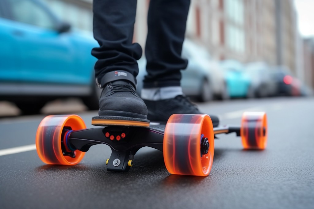 Checking the drive belt of an electric skateboard - London, United Kingdom