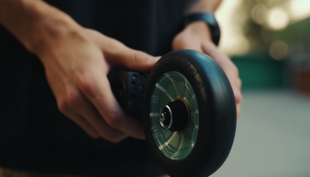 Close up of a person inspecting an electric skateboard wheel - Sydney, Australia