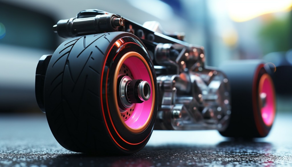Close-up of an electric skateboard's motor and wheels - Berlin, Germany