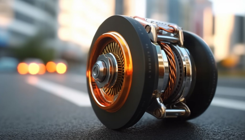 Close-up view of a hub motor installed on an electric skateboard - Tokyo, Japan