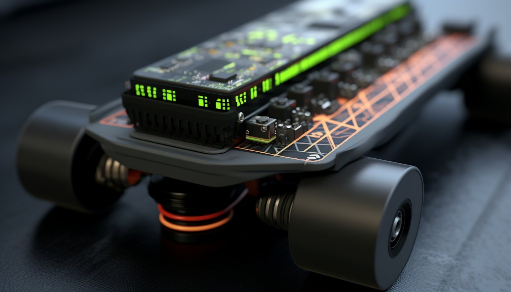 Close-up view of an electric skateboard battery and charger - London, UK