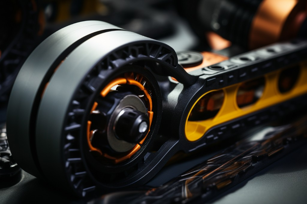 Closeup of drive belt on an electric skateboard - San Francisco, USA