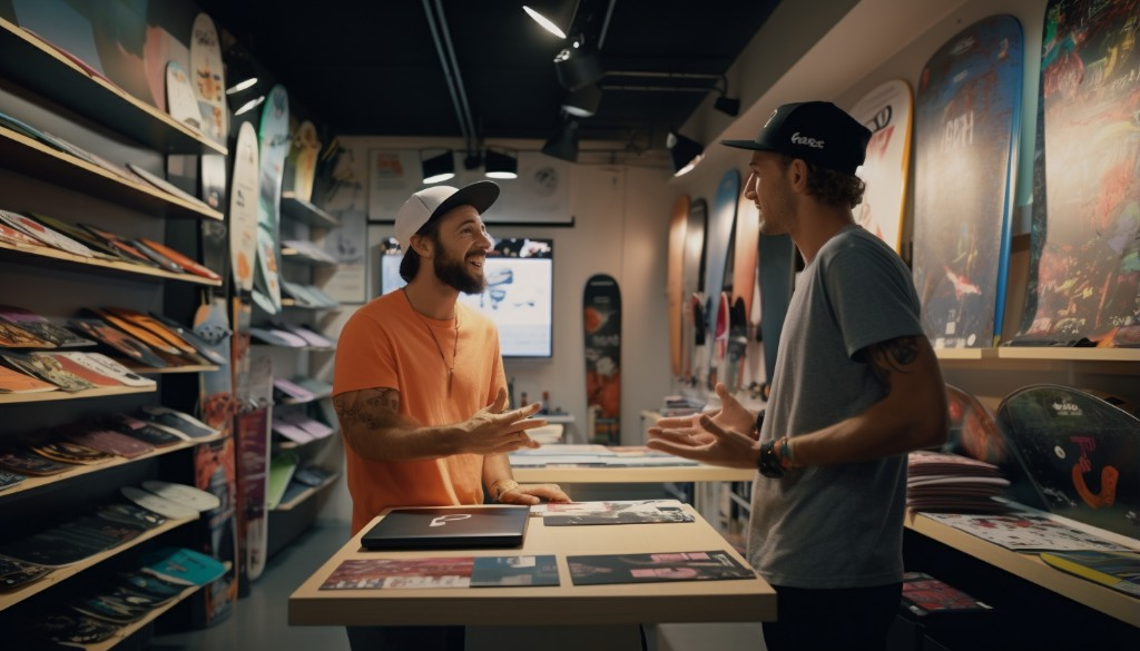 Customer getting advice from a sales associate in a skateboard shop - London, UK