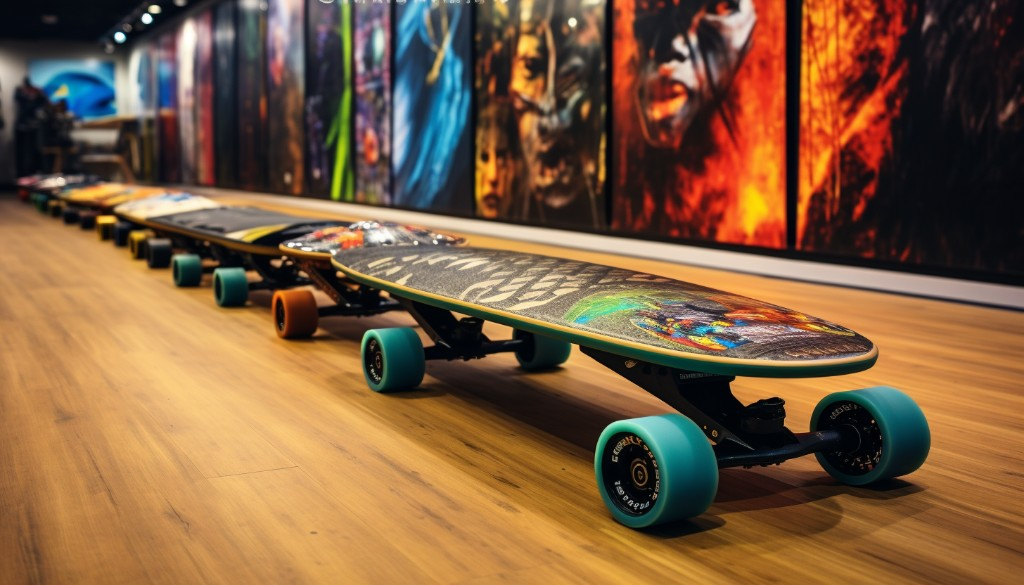 Different models of electric skateboards displayed in a skateboard store - New York, USA