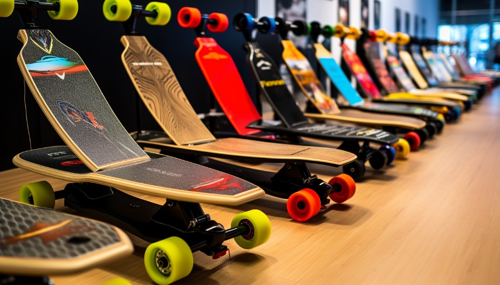Different models of electric skateboards displayed in a store - New York, USA