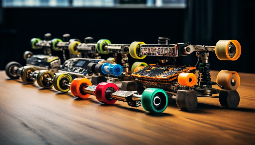 Different types of electric skateboard batteries displayed on a table - New York, USA